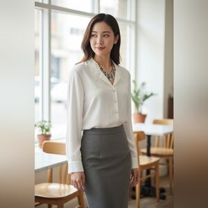 Elegant Women's Cream Button-Up Blouse with Lace Collar